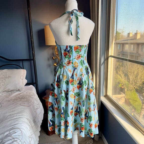 Hell Bunny Vixen Light Blue w Parrots Tropical Pin Up Tiki Halter Dress M - Picture 5 of 12